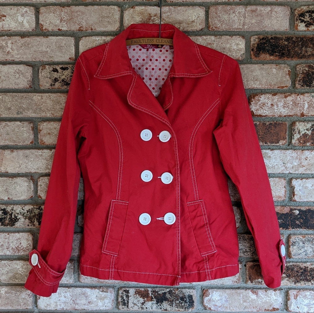 🍒 Cherry Red & White Lightweight Cotton Pea Coat Secret Polka Dots Large